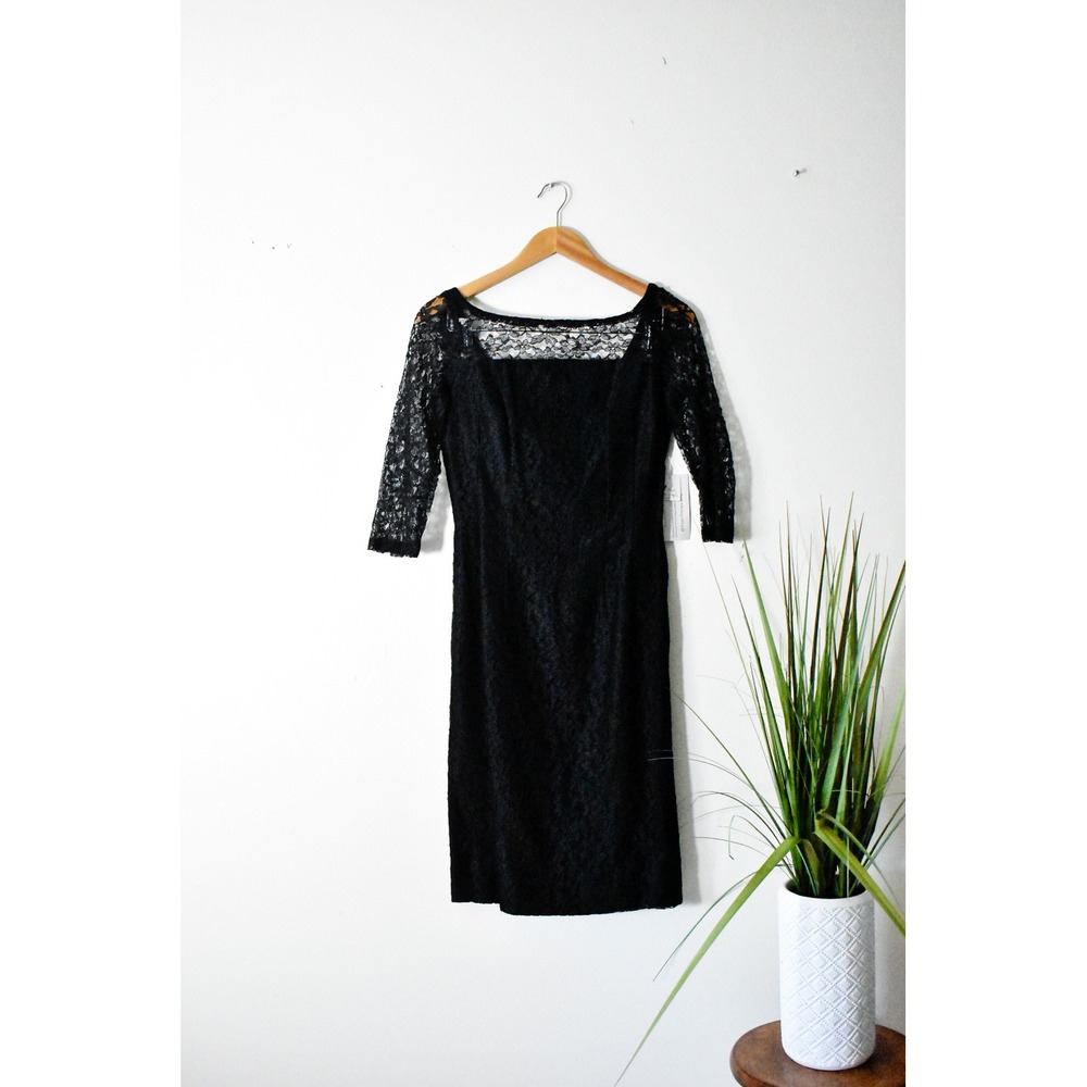 Lace wiggle Sheath Dress Women Small Black 50s Side Zip 3/4 Sleeve Knee Length